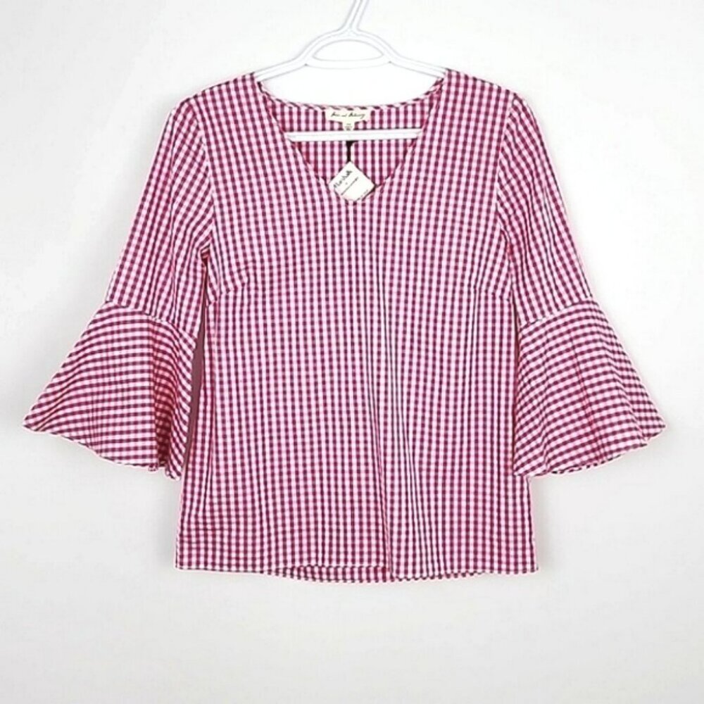 Jane & Delancey Women's Pink Gingham Print Ruffle Blouse Bell Sleeves Cotton XS